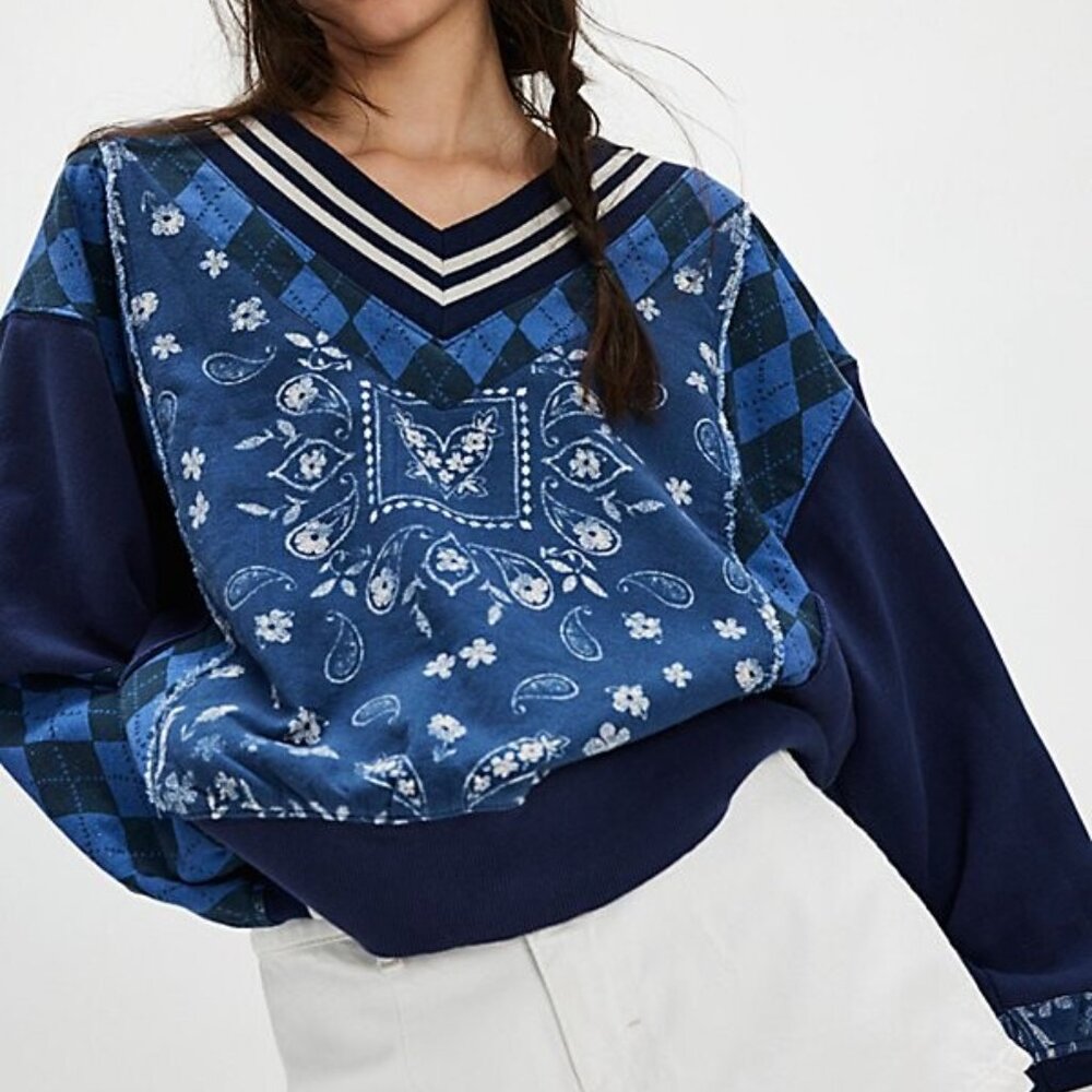 NWT Free People sz XS Lucy Sweatshirt Top  Argyle/Bandana